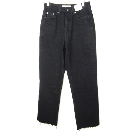 Topshop NEW 26 US 4 Black Straight Jeans Raw Hem 26" Inseam Crop High Waist - Picture 4 of 9